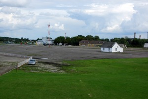 The apron of Aleksotas airport. The house in the middle is indeed a strange solution