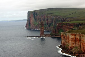 Western coast of Hoy island with the famous Old Man of Hoy rock