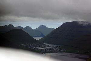 View of Faroe islands from the South to the North over the town of Klaksvik