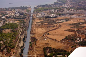 Corinth canal separates Peloponessos (left) from the mainland