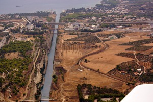 Corinth canal separates Peloponessos (left) from the mainland