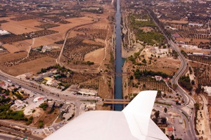 The mainland is to the right, Corinth canal in the middle and Peloponessos to the left