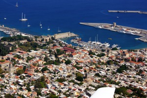 View of Rhodes port showing the locatio where the Colossus of Rhodes used to stand