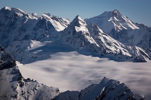 The snow area supplying several glaciers around the top peaks of Bern Alps