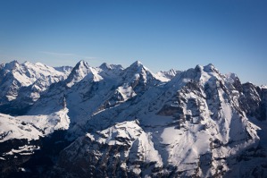 Three main summits of the Bern Alps - from the right Jungfrau, Monch, Eiger